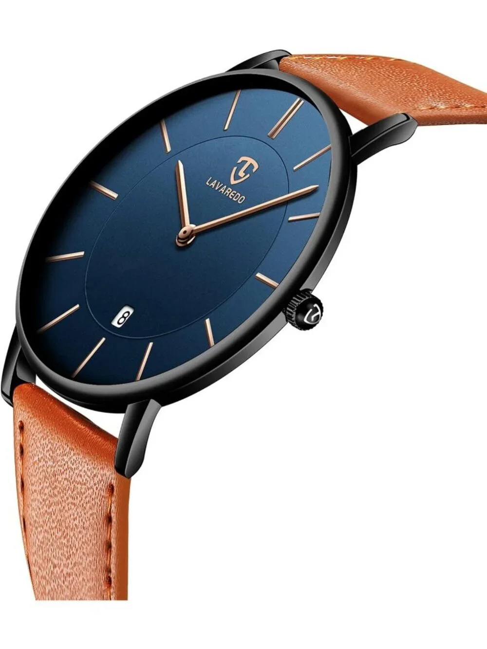 Men's Orange Blue Leather Strap Analog Minimalist Fashion Simple Wrist Watch